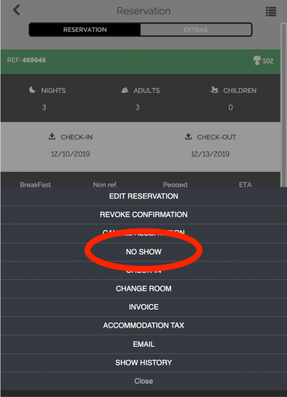 No Show in Reservation Menu